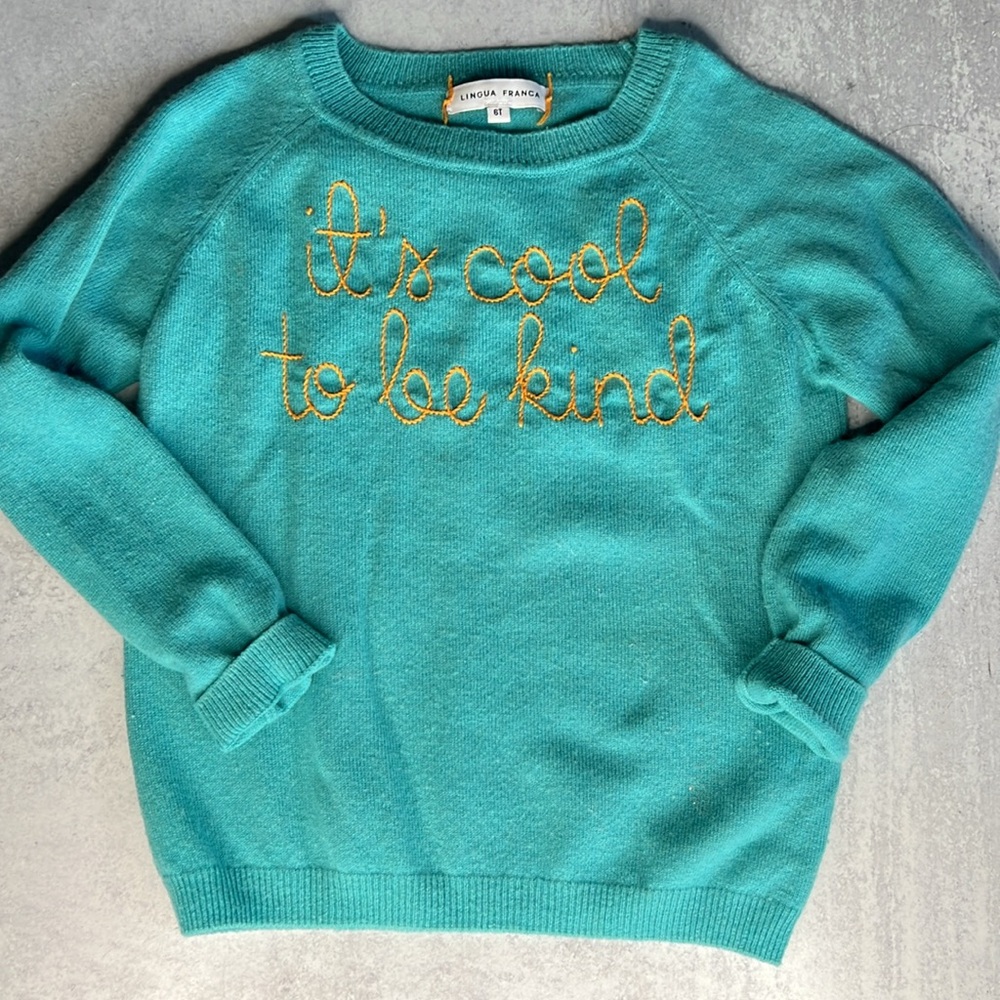 Lingua Franca girls sweater cashmere embroidered It’s Cool to be Kind turquoise - Picture 4 of 7